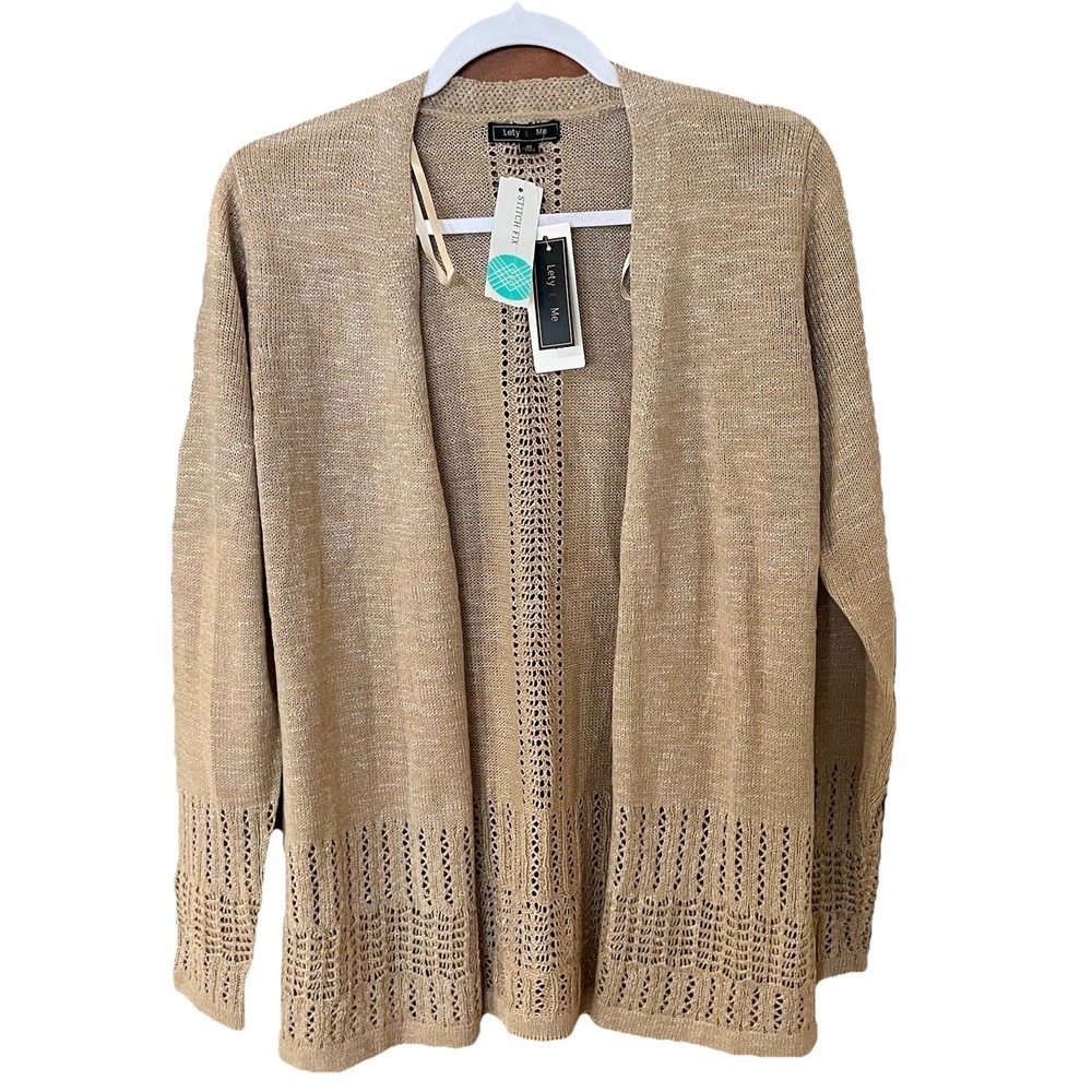 Lety Me New Tan Crochet Knit Cardigan Sweater Boho Size Med